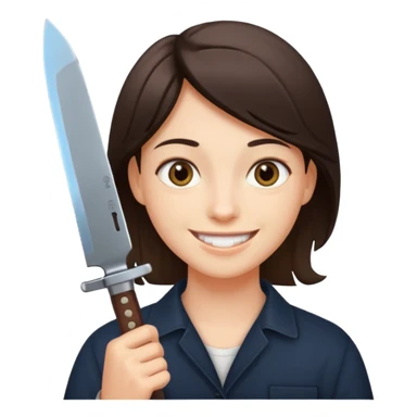 Smiling, holding a knife sticker
