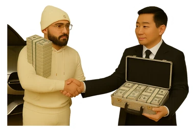 Make the background transparent while keeping all other details the same: the Asian man holding a briefcase filled with US money, Cartier glasses on the man in the white hoodie, and the car in the background. Preserve the original style and details exactly as described. sticker