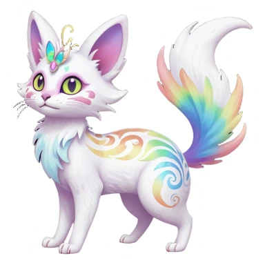 Pure-snow-White albino iridescent with pastel rainbow-gradients-color-markings with swirly patterns butterflies  faerie-Noivern-Noibat-Purloin-Torracat-Lykoi-Caracal-cat-Fakemon-fusion-hybrid-creature-scared sticker