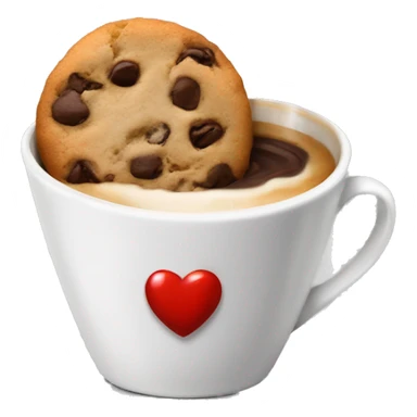A cup of coffe in a white cup with a bright red kiss mark on it with a half eaten chocolate chip cookie sticker