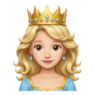 Cheerful blonde princess with wavy hair and light blue dress, wearing crown sticker