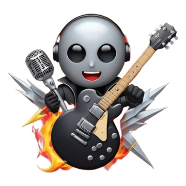 Create a bold and dynamic emoji representing rock vocal performance in a humanless collage. The design should feature a vintage microphone at the center, surrounded by key rock elements like an electric guitar, drumsticks, and a guitar pick. Include symbols of energy, such as lightning bolts or flames, and subtle musical notes or sound waves to evoke the raw power of rock vocals. Use dark, bold colors like black, silver, and red, with hints of chrome or metallic accents to convey the edgy, rebellious spirit of rock music. The background should be transparent. sticker