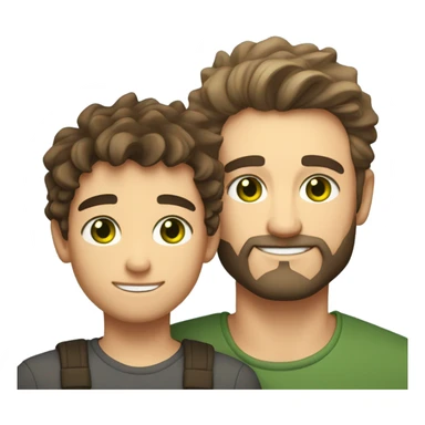 Handsome Father 40s green eyes with short full beard with Son 13s light brown eyes tousled bedhead look both has brunette hair light skin arms on shoulder portrait sticker