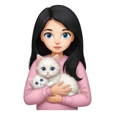 Girl with mid long black hair in soft pink sweater holding A 2-month-old Persian-Angora mix kitten with blue eyes and mostly orange fur with white patches cat sticker