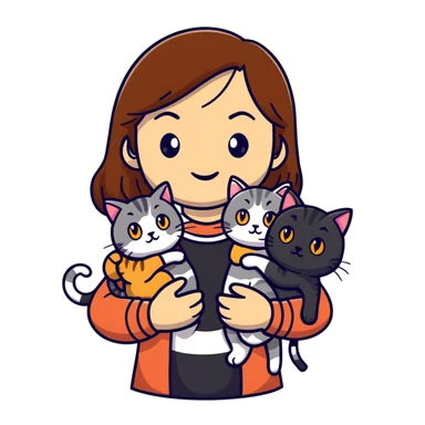 Tan brown-haired girl holding three cats, one black cat, one grey cat, and one grey-striped cat sticker