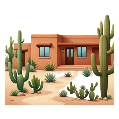 Tucson style house with adobe walls, flat roof, southwestern architecture, desert landscaping, cactus sticker