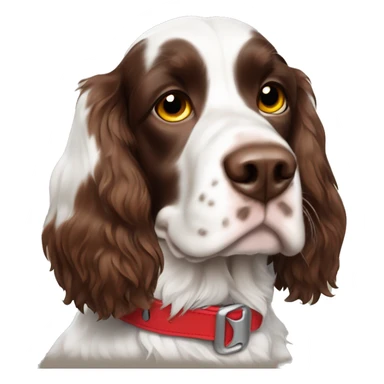 A brown and white English springer spaniel in a red collar he has yellow eyes sticker