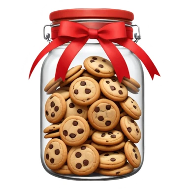 A chewy chocolate chip cozy cookie in an organized jar, saying "Cookie Jar" with some small illustrations on the jar to indicate there are cookies stored inside, a big red ribbon on the lid sticker