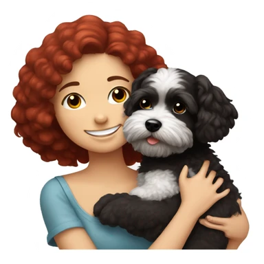 Dark-red-haired girl hugs  her Maltipoo-Black-dog sticker