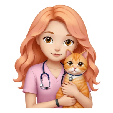 a girl with black eyes and long wavy hair, wearing a soft pink short-sleeved round neck tshirt with a stethoscope on her neck while hugging an orange persian cat sticker