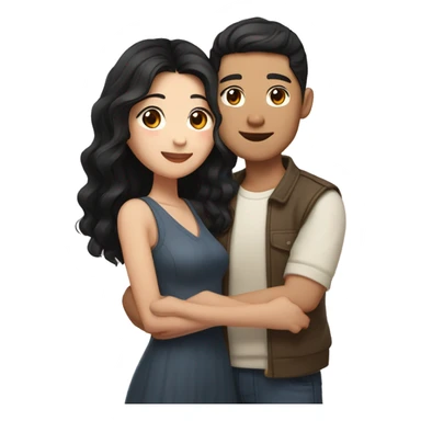 A half pale Asian man with short dark hair and amber eyes embracing and loving a half Asian woman with long wavy dark hair and dark hazel eyes. They love each other a lot And have good fashion taste. And are having a lot of fun sticker