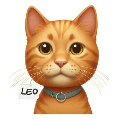 orange cat with name tag saying 'LEO' sticker