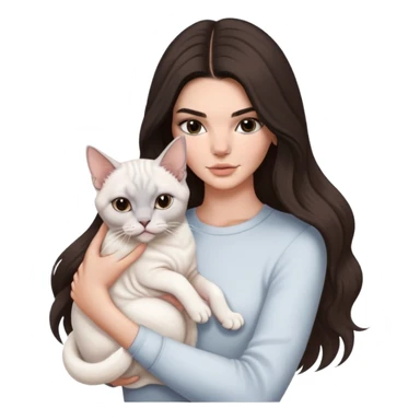 brunette Kendall Jenner with long hair holding on the hands a british white cat and a grey Sphynx sticker