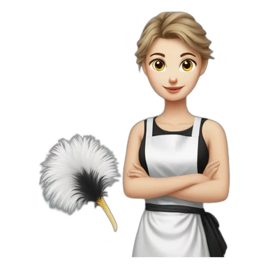 Slavic girl in a white T-shirt and a black apron holds ostrich feathers for dusting sticker
