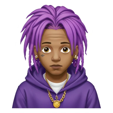 Juice WRLD with purple dreadlocks, 999 tattoo, gold chain, and hoodie sticker