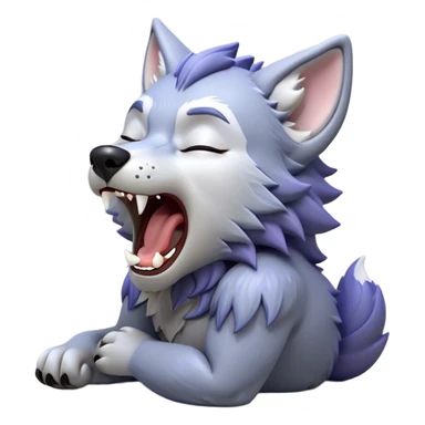 Cinematic Cute Yawning Werewolf Portrait Emoji, with a cuddly, miniature lupine form in soft moonlit grays and silvers, head leaning back in a big, adorable yawn that reveals a few fuzzy teeth, simplified yet irresistibly charming, highly detailed with a soft glowing outline that captures the drowsy, playful essence of a werewolf mid-nap! sticker