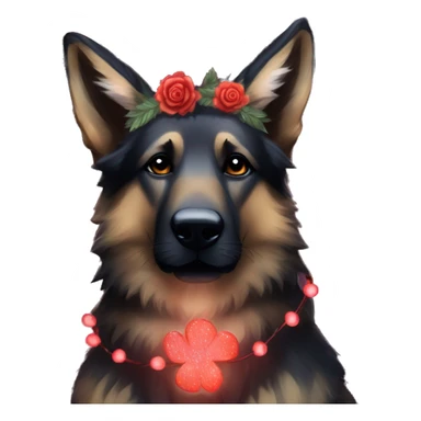 Bokeh Midnight constellation night stars Brindled striped brindle black German shepherd fox carrying glowing red lantern, fairy lights, rose flower crown, bokeh lights, out of focus blur sticker