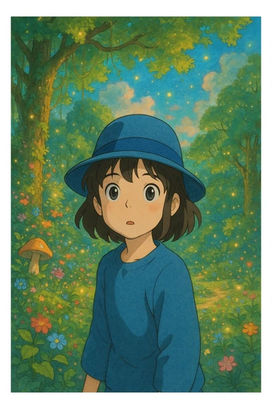 girl in a blue fedora, looking curious, whimsical background, ghibli style sticker