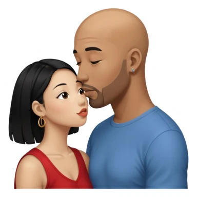 Bald black man with short beard deeply kissing each other. She is a short younger looking asain women. She has long black hair and a nose ring sticker