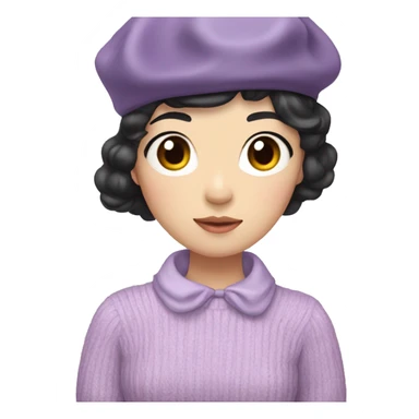 korean girl short black hair sharp jawline, attractive wearing a lilac sweater and beret and bow sticker