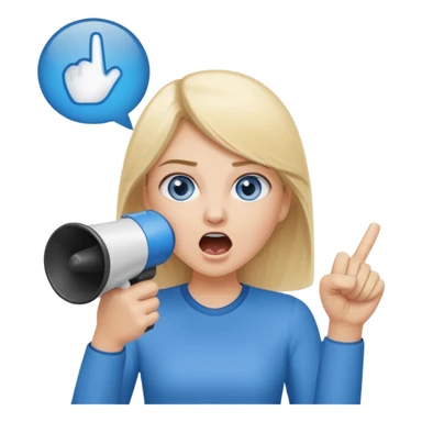 blue eyes blonde girl yelling into megaphone and holding up 1 finger in the other hand sticker