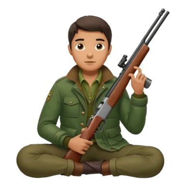 male hunter sitting with a shotgun across his lap, relaxed pose sticker