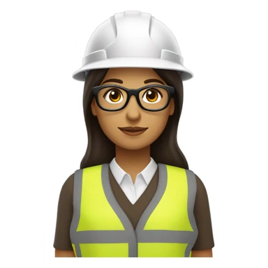Mujer ingeniera,latina, con chaleco reflejante ,casco blanco de seguridad, lentes negros; cabello café oscuro y lacio hasta el hombro  sticker
