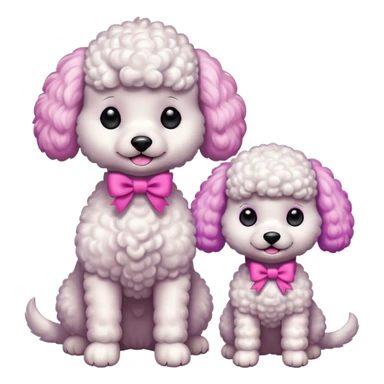 Two white toy poodle–style dogs, fluffy curly fur, round faces, black button eyes. Hot-pink paws, purple-dyed ear tips. One taller dog standing upright wearing a large pastel pink bow, one smaller round dog sitting. Cute plush emoji style. sticker