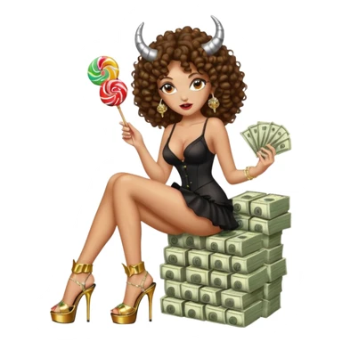 seductress evil brown curly haired sexy drug lord woman with clear glittery platform heels on her feet and horns on her head, holding a stack of cash and a lollipop in her mouth sticker
