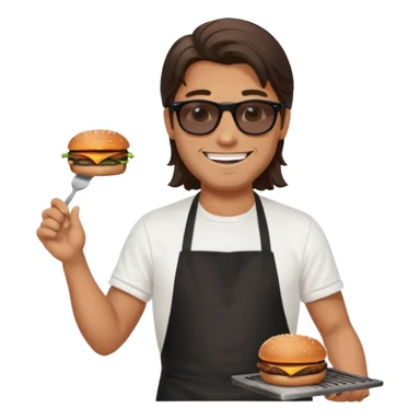 long hair man grilling wearing shade smiling in a white tshirt and a black apron grilling burger and meat on a sizzling grill sticker