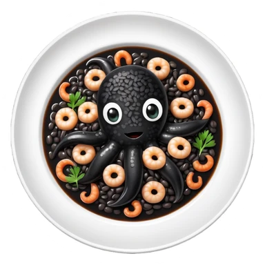 cinematic-realistic-black-risotto-dish-emoji,-showcasing-small squid pieces in black sauce -rendered-with-bold-textures-and-dynamic,-dramatic-lighting in a white plate sticker