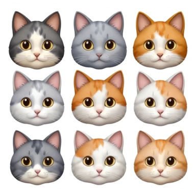6 realistic looking cats with different natural coloured coats, assorted grey and white, greys, calico, brown and white colours etc
 sticker
