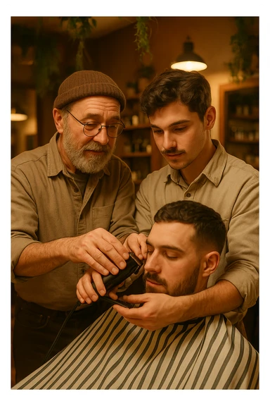 Inside a cozy barbershop with soft lighting, an experienced barber gently teaches his apprentice, guiding his hands as they cut hair together. The room is filled with warmth, plants hanging from the ceiling, and the hum of clippers sticker