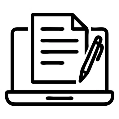 a MacBook with a stack of papers and a pen, minimal outlined icon style sticker