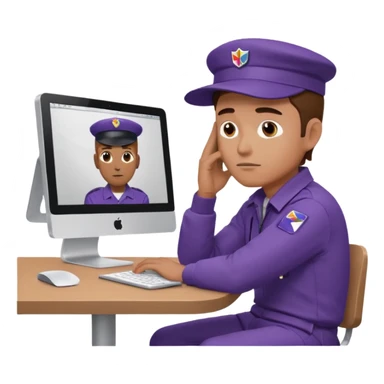 emoji of a man sitting at the table with an imac on it, a man is sitting in a very thoughtful pose, he has his hands on the table and his head resting on themб he look into the screen of imac, he is dressed in FedEx uniform with a cap sticker
