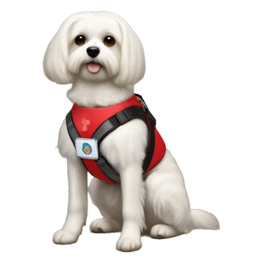 Maltese service dog wearing a red service dog vest with to bleck straps one in the front one around the belly  sticker