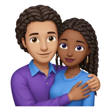 Boyfriend who is middle Eastern olive skinned with blue eyes and wavy straight brown hair in a blue shirt and his African girlfriend who is very black skinned, juicy lipped with black braided hair and the two are hugging and smiling hugely she’s wearing purple and she has black eyes sticker