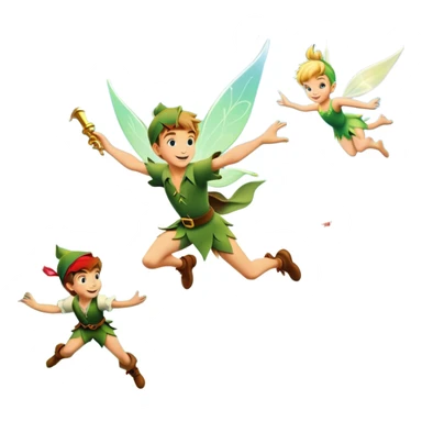 An icon representing an adventure game, inspired by whimsical fantasy. The design features Peter Pan soaring through the sky with Tinker Bell beside him, leaving a shimmering trail of pixie dust. Below, Neverland’s lush jungles and pirate ships create a backdrop of magic, adventure, and endless youth. Transparent background. sticker