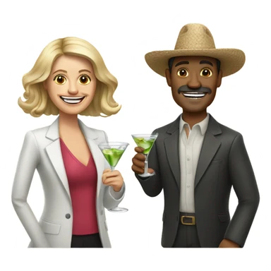 Mexican man and white woman holing a pill (medication) in one hand and a glass of martini in the other hand smiling and cheering sticker