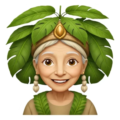 a old woman with jungle wearing a large leaf headgear bye  sticker