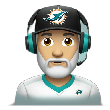 white bearded man wearing a black cap and a headset with a miami dolphins t-shirts sticker