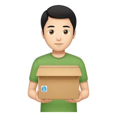 black haired asian man green shirt holding cardboard box sticker