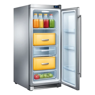 A refrigerator with a transparent front glass divided into three compartments, empty and unfilled. The refrigerator faces forward. It must be divided into three compartments and must have three drawers. sticker