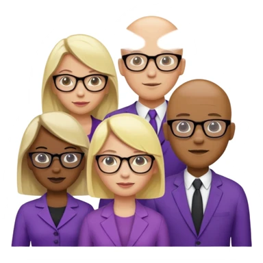 FIVE person team; 2 men and 3 women.  All dressed in yellow or purple.  Women have blonde and ash blonde hair.  1 man is black and bald, 1 man is caucasian and very little hair left.  All have glasses sticker