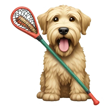 Wheaten terrier  holding a lacrosse stick in its mouth stick sticker