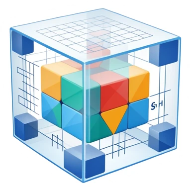 An icon featuring a transparent cube with geometric sections and mathematical calculations, symbolizing the study of mathematics. The design includes algebraic formulas, graphs, and mathematical symbols, representing advanced mathematical concepts and problem-solving. Transparent background sticker