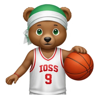 Cool brown bear with green eyes in a white silk durag and red basketball jersey showing just the top shoulders and collar, iOS emoji style sticker