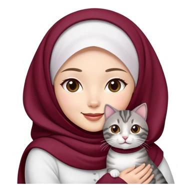 Asian white girl wearing  maroon hijab with white dress holding a black grey tabby cat while smiling sticker