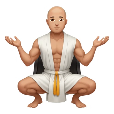 fullbody jacked bald guy, sleeveless and unbuttoned in full white robe sitting without chair and hands down sticker