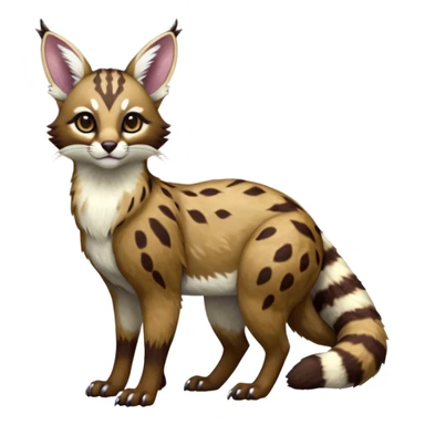 Colorful dark realistic chocolate-brown tropical beige fur glorious divine exotic cute cool beautiful shiny beautiful fantasy-Furret-Eevee-caracal-civet-genet-sergal-vernid-Cacomistle-oncilla-animal-Fakémon-hybrid-fursona with white deer-spots pattern markings (full body) sticker